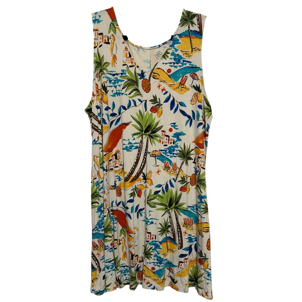St. John's Bay Shift Dress Women 2X Multicolor Tropical Beach Sleeveless V-Neck